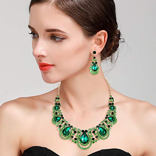 BriLove Costume Fashion Large Big Jewelry Set for Women Crystal Teardrop Hollow Scroll Statement Necklace Dangle Earrings Emerald Color Gold-Toned