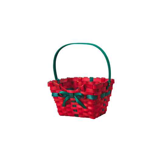 Christmas Baskets for Gifts Empty Hand-Woven Rectangle Red & Green Storage Baskets with Handle & Bow, Small Xmas Tote Basket for Holiday Decorative Present Wrapping (Red)
