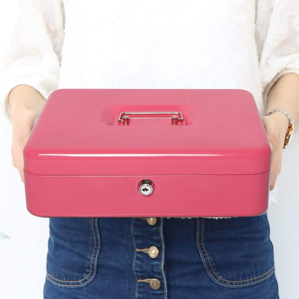 Jssmst Cash Box with Money Tray and Lock - Pink Cash Box with Key Lock Safe Money Box Large, Locking Register Drawer for Money, 11.8'' x 9.5'' x 3.5'', SM-CB005PK