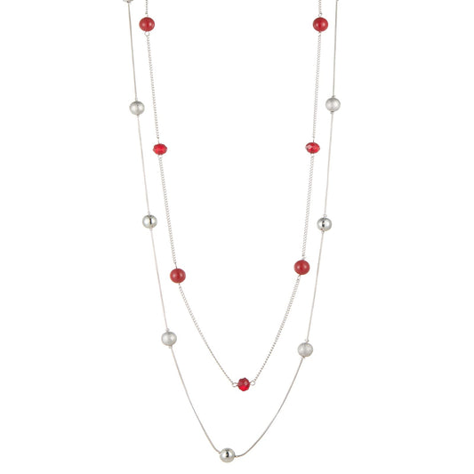 Silver Layered Long Necklace for Women Pearl Crystal Sweater Strand Chain Necklaces Fashion Gifts (Red)