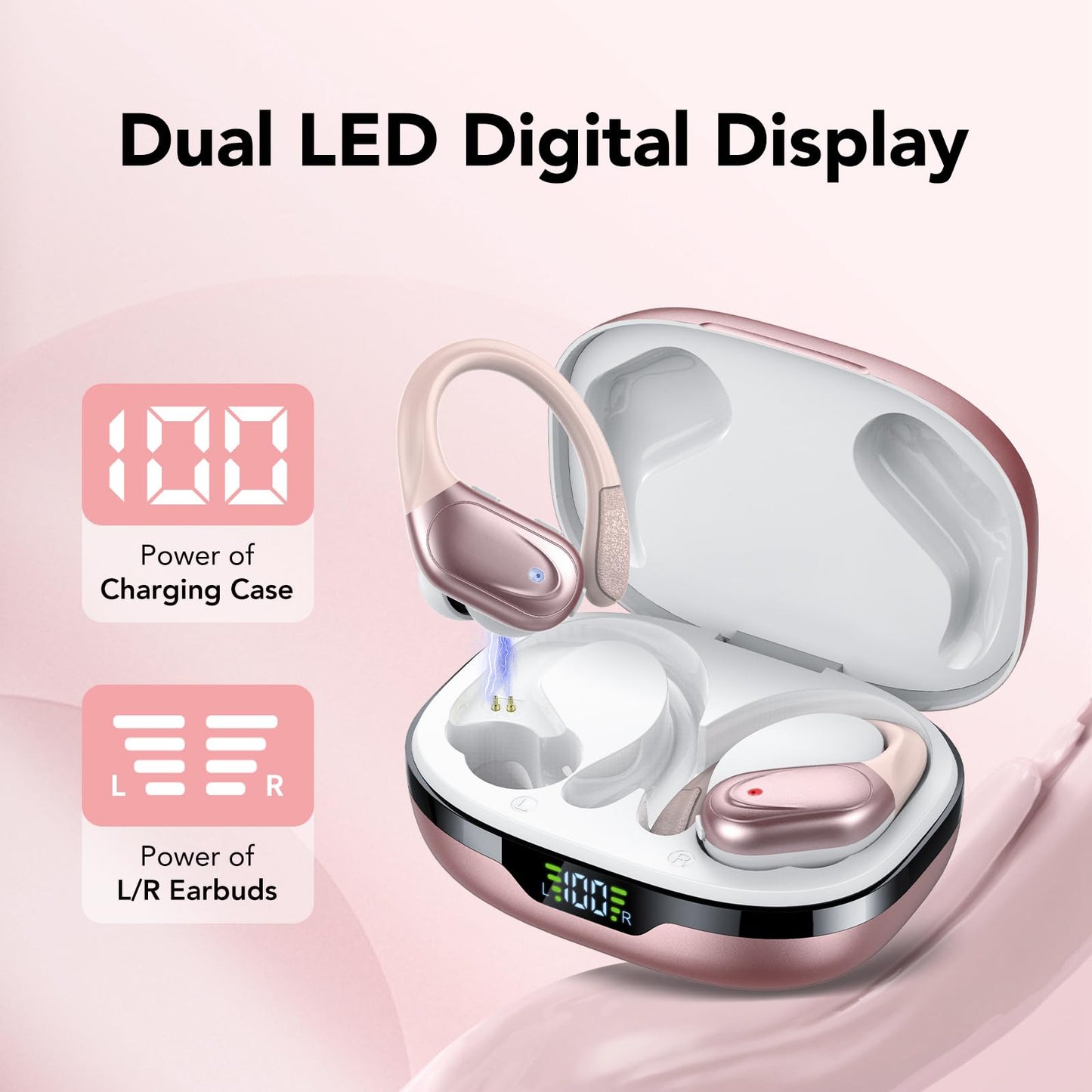 Ear buds Wireless Earbuds Bluetooth 5.3 Headphones 60hrs Playtime with Digital Display Sports Wireless Headphones with Earhook Deep Bass IPX7 Waterproof Over-Ear Earbuds for Android iOS Workout Rose