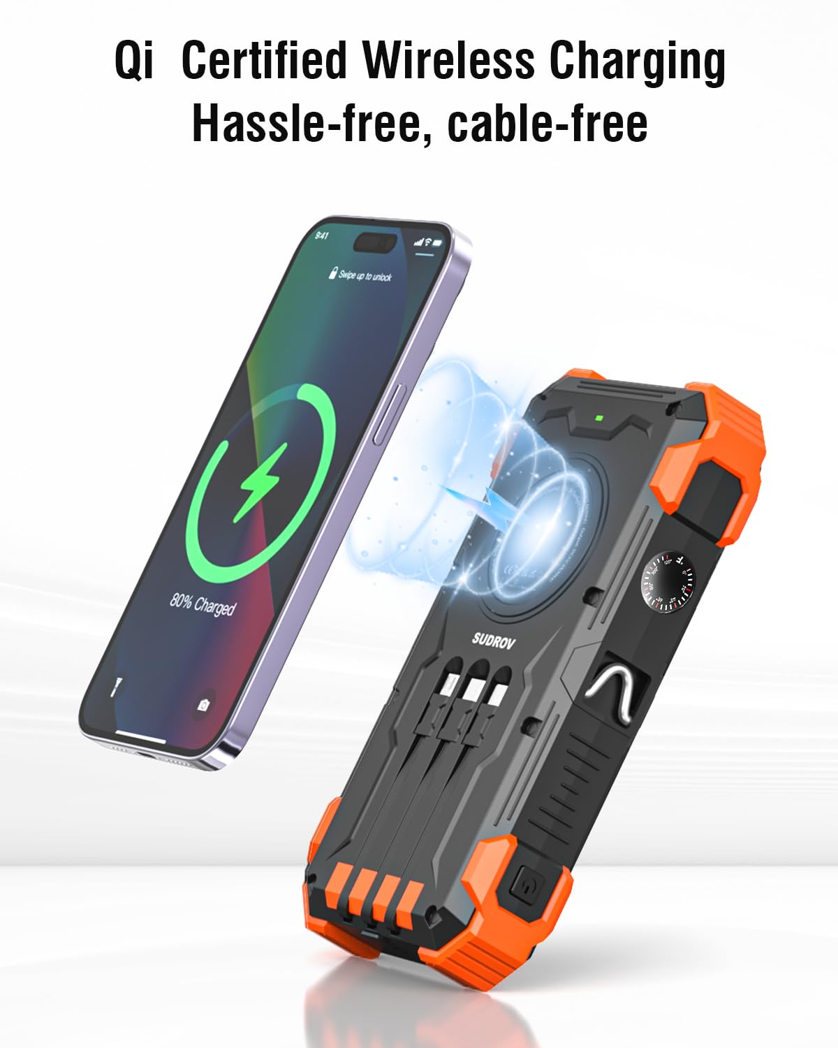 Sudrov Solar Charger Power Bank, 42800mAh Wireless Portable Charger with USB-C in/Output, QC3.0 Fast Charging 15W 4 Ports Outdoor Battery Pack Built-in Dual Led Flashlights for iPhone Samsung etc