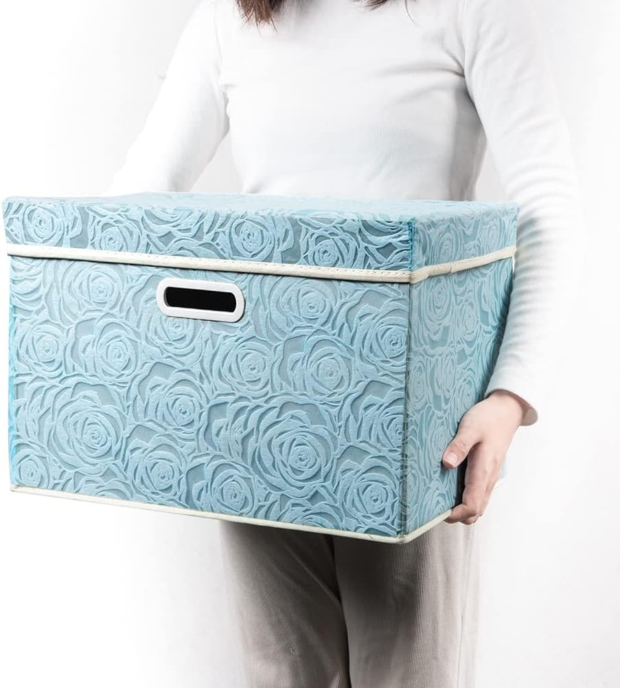 PRANDOM Larger Collapsible Storage Cubes with Lids Fabric Decorative Storage Bins Boxes Organizer Containers Baskets with Cover Handles for Bedroom Closet Living Room Blue 17.7x11.8x11.8 Inch 3 Pack