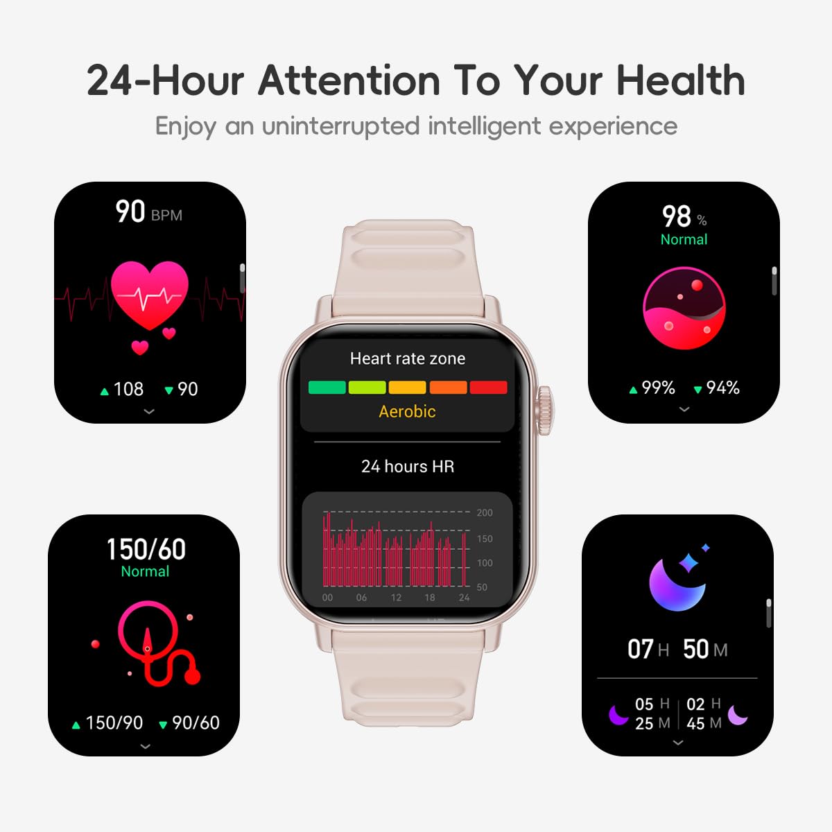 QTLLBT Smart Watch Sports Pedometer Fitness Tracker, Bluetooth Call Heart Rate Blood Oxygen Sleep Monitor, 100 Sports Modes Waterproof for iOS Android Men's Women's Smart Watch (Pink)