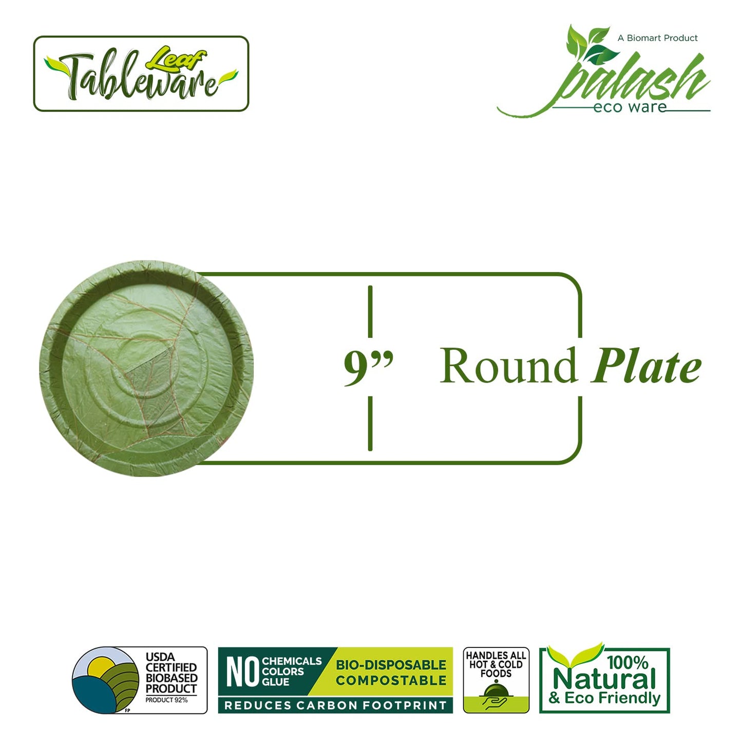 Palash-Sal leaf Single use Plate | Natural, biodegradable, backyard compostable, USDA Certified | Parties, Festival, wedding, BBQ Disposable supply | 9" Round Plate | Pack of 50