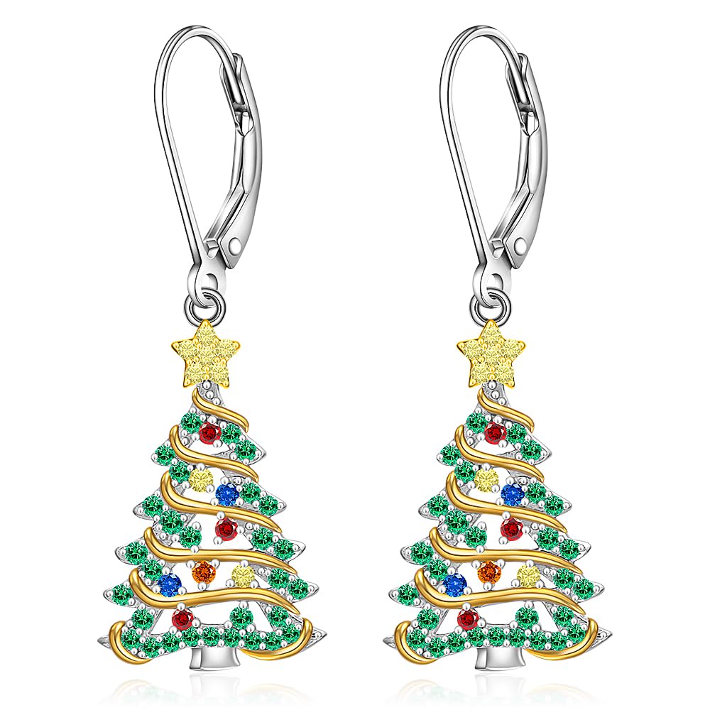 Christmas Earrings Christmas Tree Earrings for Women Sterling Silver Ribbon Green Xmas Tree Colorful Zircon Winter Dangle Studs Holiday Jewelry Gifts