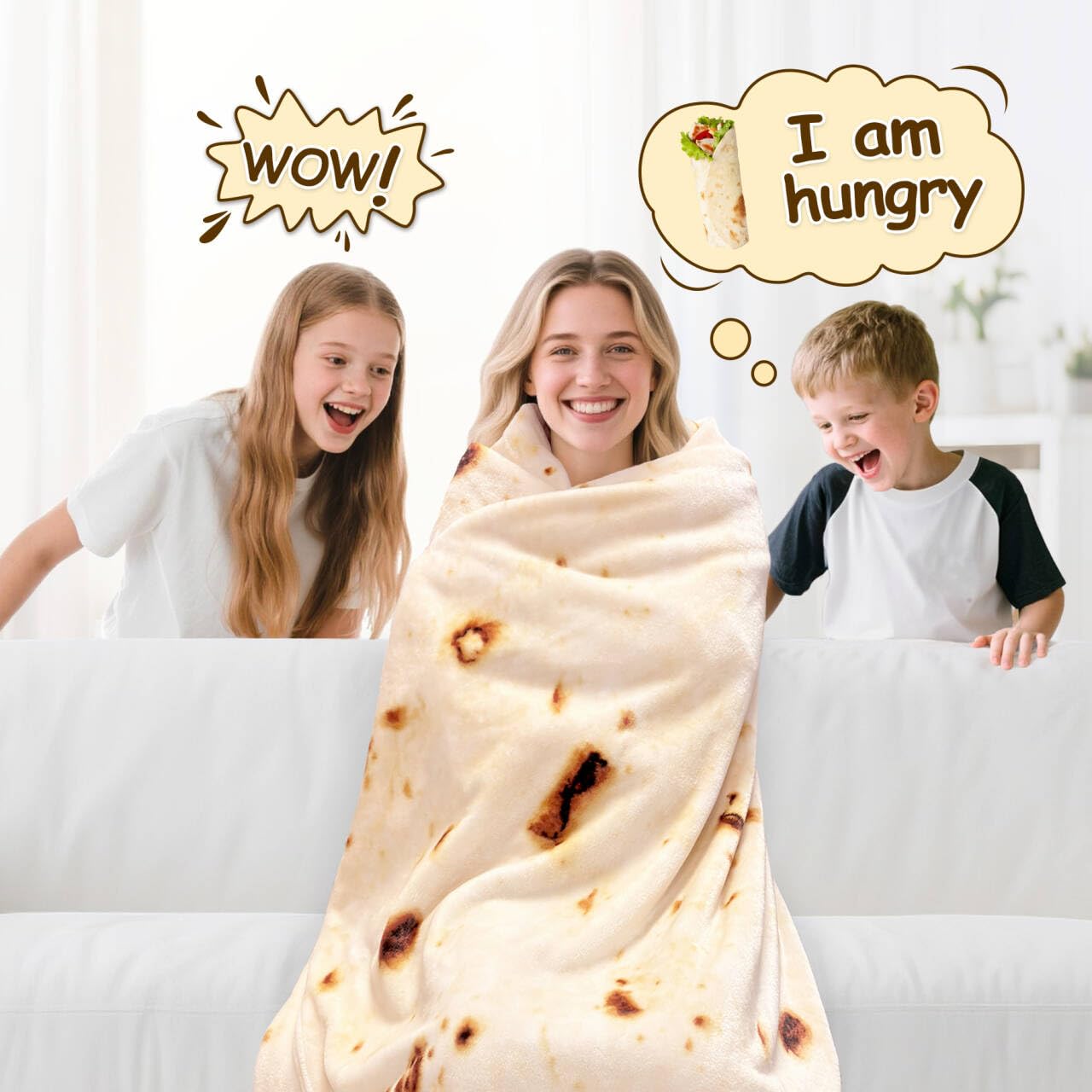 mermaker Burritos Tortilla Throw Blanket 2.0 Double Sided 60 inches for Adult and Kids, Giant Funny Realistic Food Blanket, 285 GSM Novelty Soft Flannel Taco Blanket (Yellow-Double Sided)