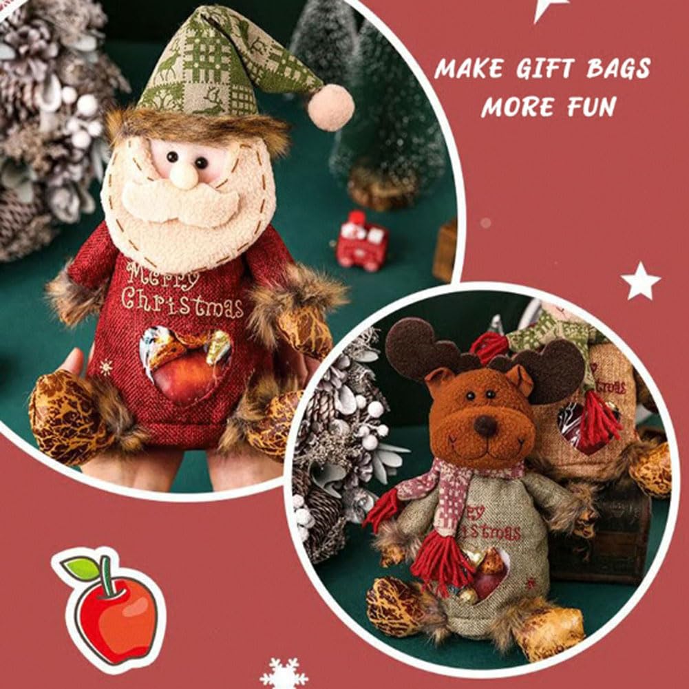 Christmas Gift Bags Zipper Design, 3D Christmas Gift Doll Bags, Snowman Santa Elk Christmass Gift Bags, Large Space Zipper Design Santa Snowman Doll Storage Bag for Candy and Gift (6Pcs Mix)