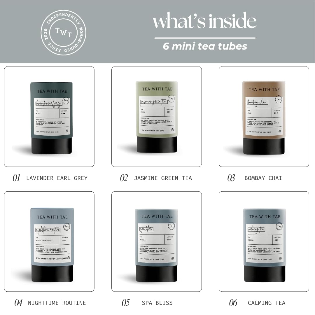 Tea with Tae Tea Bento Box Luxury Tea Gift Box for all occasions - 6 Premium Blends, 30 Biodegradable, Plastic-Free Pyramid Bags (90 Cups) - Eco-Friendly Gift