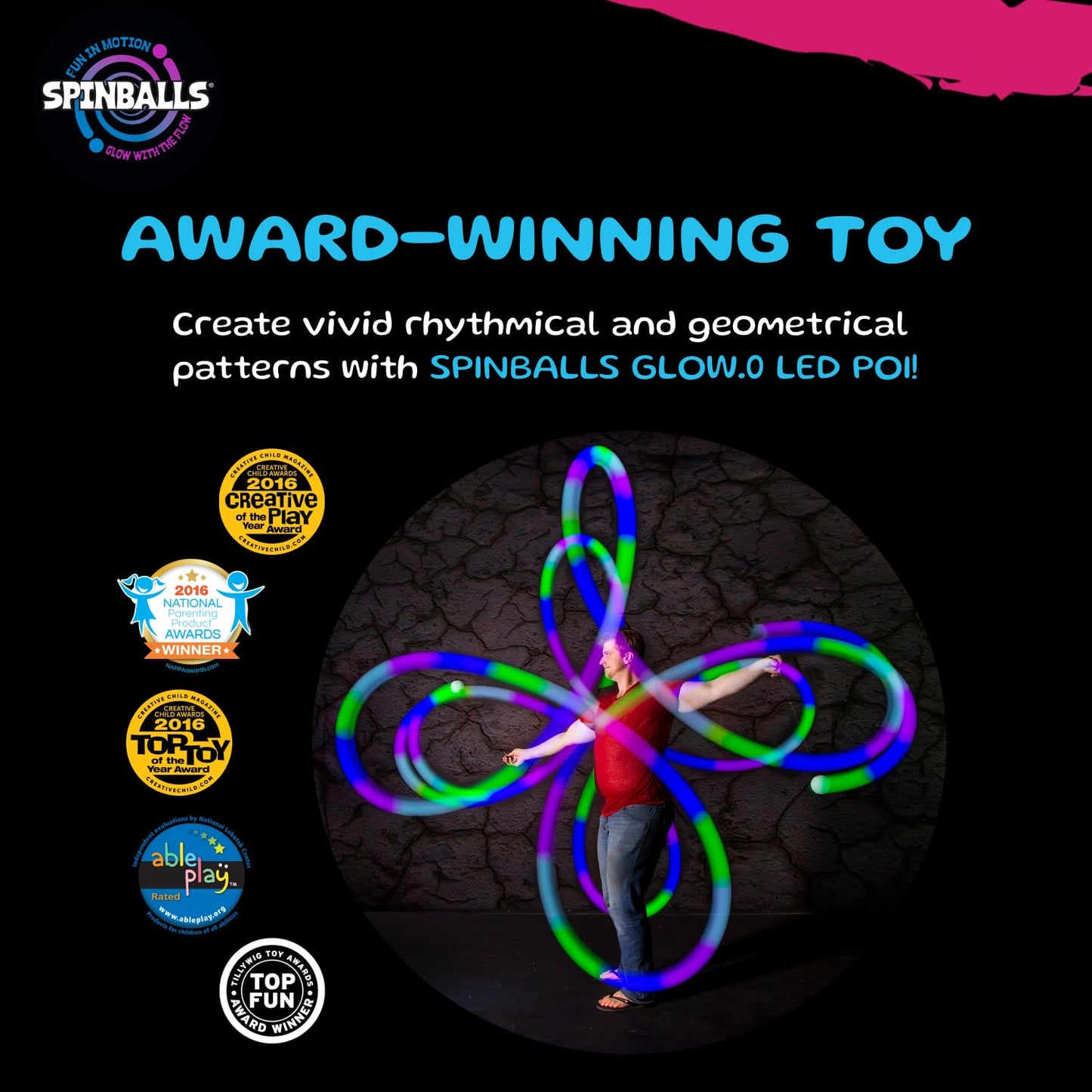 SPIN BALLS Glow.0 LED Poi – USB Rechargeable w/ 22 Vibrant Color Light Modes & Patterns – Durable, Soft-Core Spinning Balls w/Adjustable Leashes & Double-Loop Handles