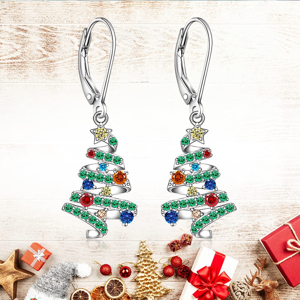 Christmas Earrings Christmas Tree Earrings for Women Dangle Drop S925 Sterling Silver Leverback Holiday X Mas Jewelry