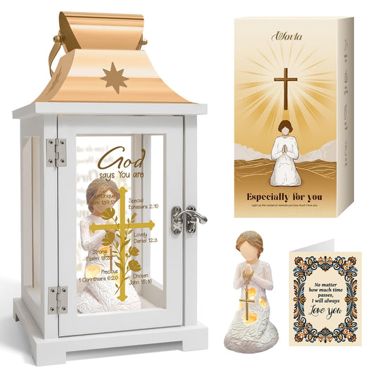 Christian Gifts for Women Birthday, Inspirational Gifts for Friends, Religious Spiritual Gifts for Her Mom Girl Female Coworker Sister Christian Home Decorative Signs, Praying Angel Figurine Lantern