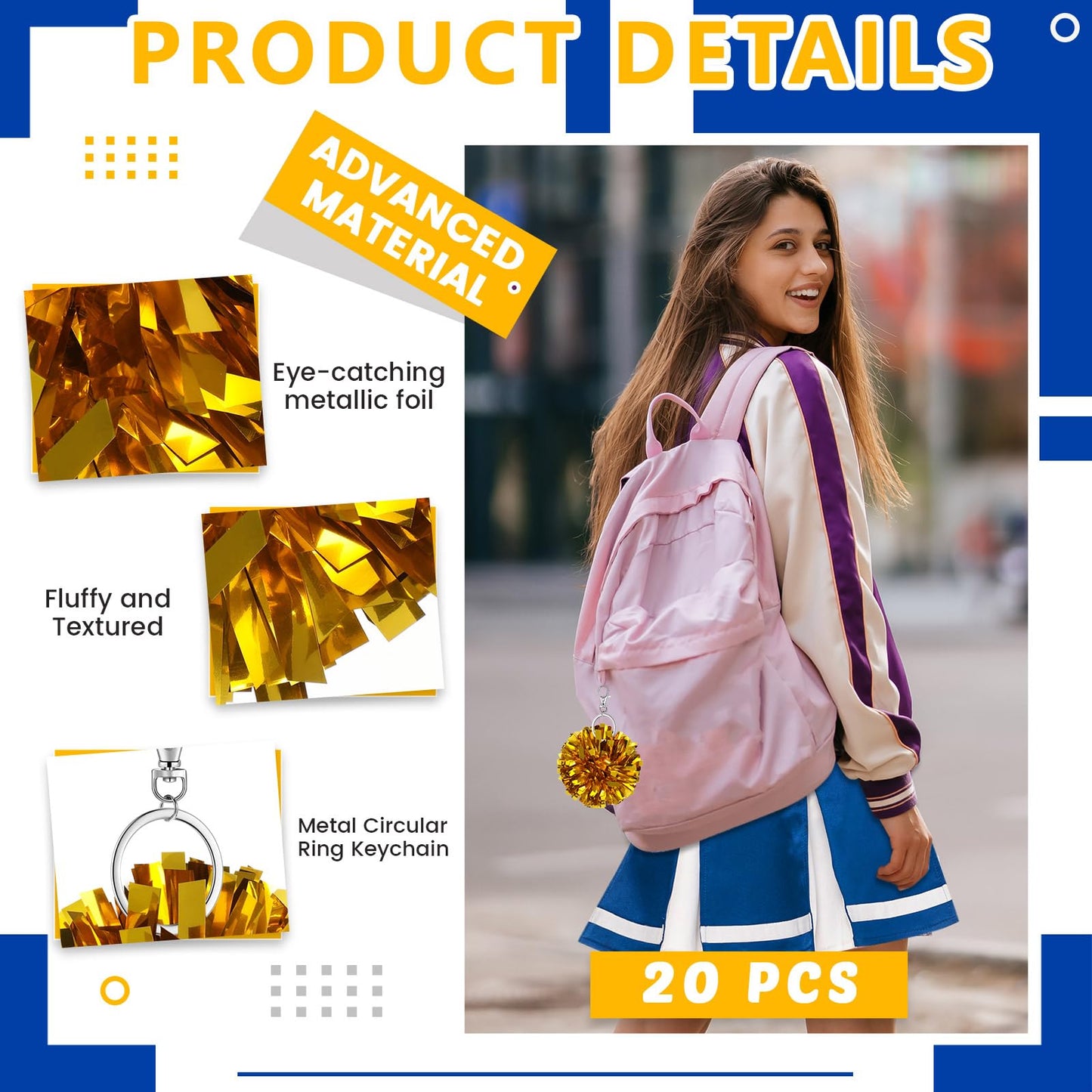 Remuuly 20 Pcs Cheer Pom Pom Keychain Cheerleader Gifts Cheerleading Keyring Charm Foil with Keychain Hooks for Women Accessories (Dark Gold)