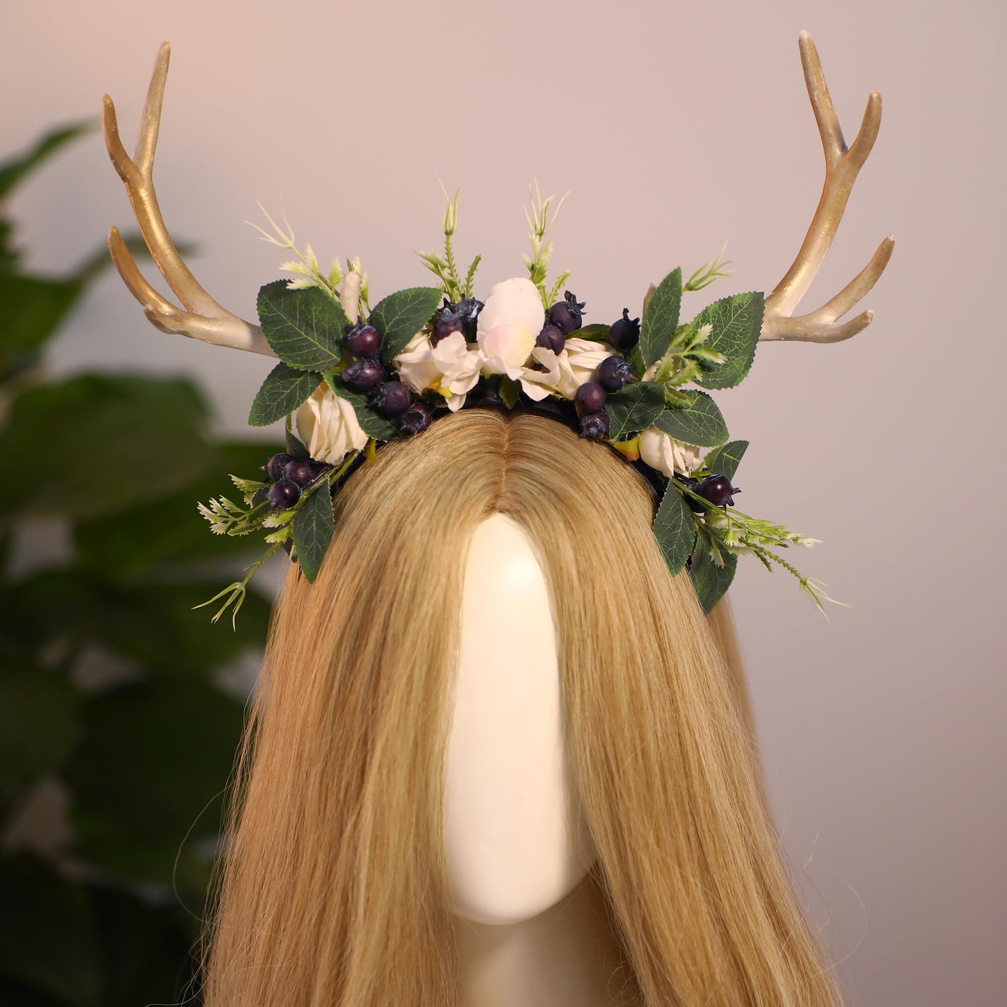MOSTORY Handmade Deer Horns Headband - Flower Antler Hairband Woodland Reindeer Headpiece with Berries for Prom Renaissance Halloween Cosplay Accessory