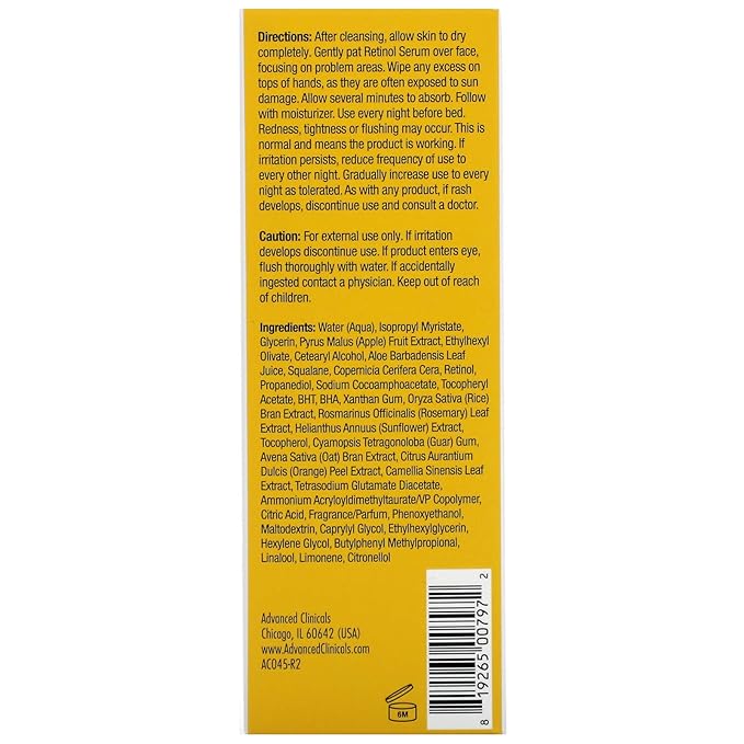 Advanced Clinicals Retinol Serum For Face | Visible Anti Aging Retinol Serum Skin Care Face Moisturizer With Vitamin E Helps Improve Look Of Wrinkles, Fine Lines, & Uneven Skin Tone, 1.75 Fl Oz