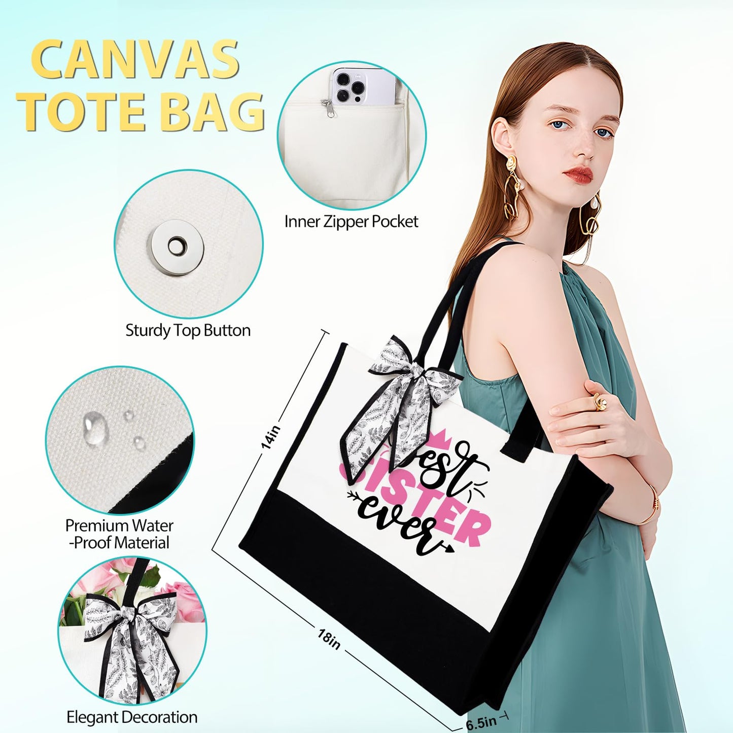 Suhctuptx Sisters Gifts from Sister, Sister Birthday Gifts, Christmas Gift Best Sis Ever Basket Funny Cool Love You Sis Unique Presents Ideas with Canvas Tote Bag for Adult Sisters in Law