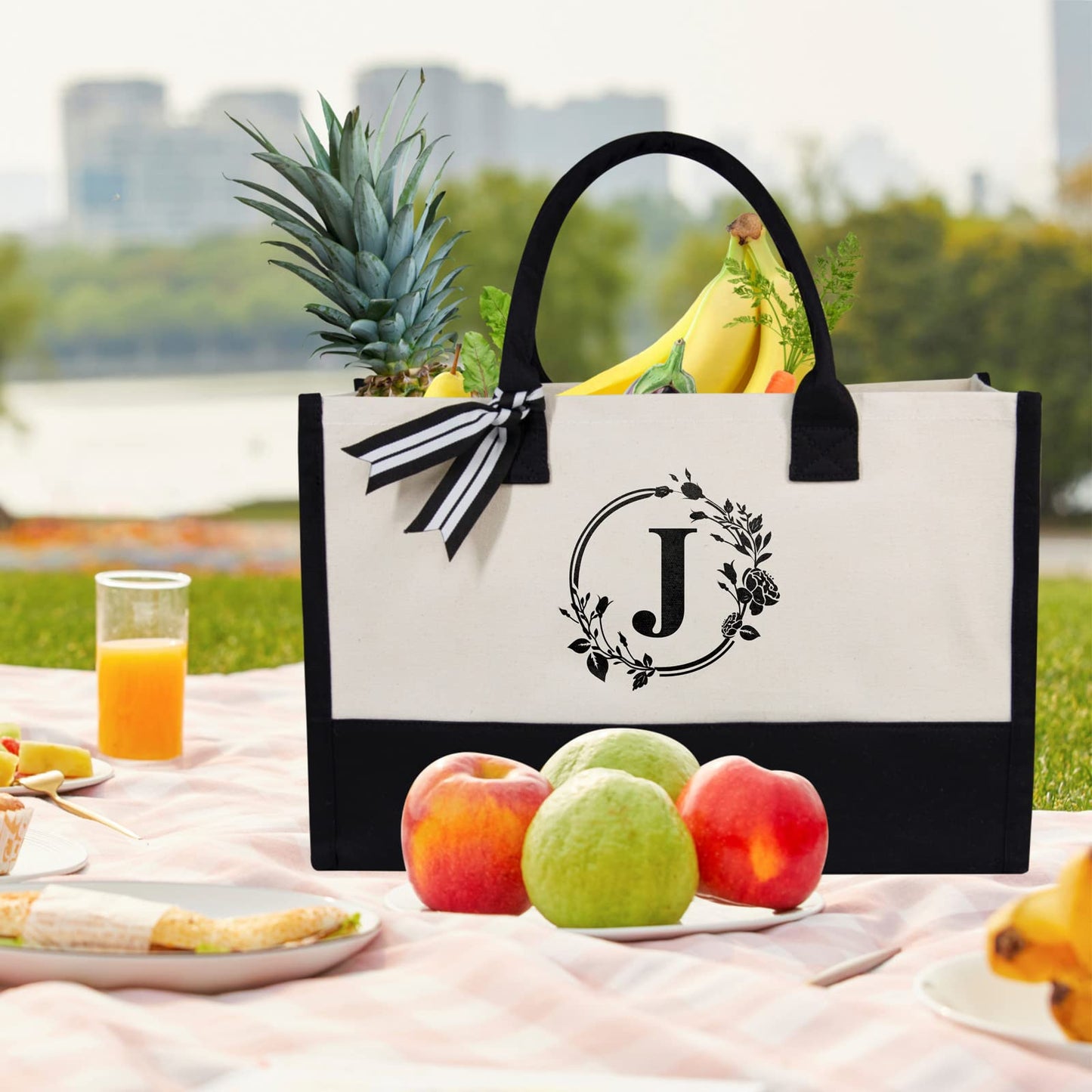 TOPDesign Initial Canvas Tote Bag, Personalized Present Bag, Suitable for Wedding, Birthday, Beach, Holiday, is a Great Gift for Women, Mom, Teachers, Friends, Bridesmaids (Letter J)