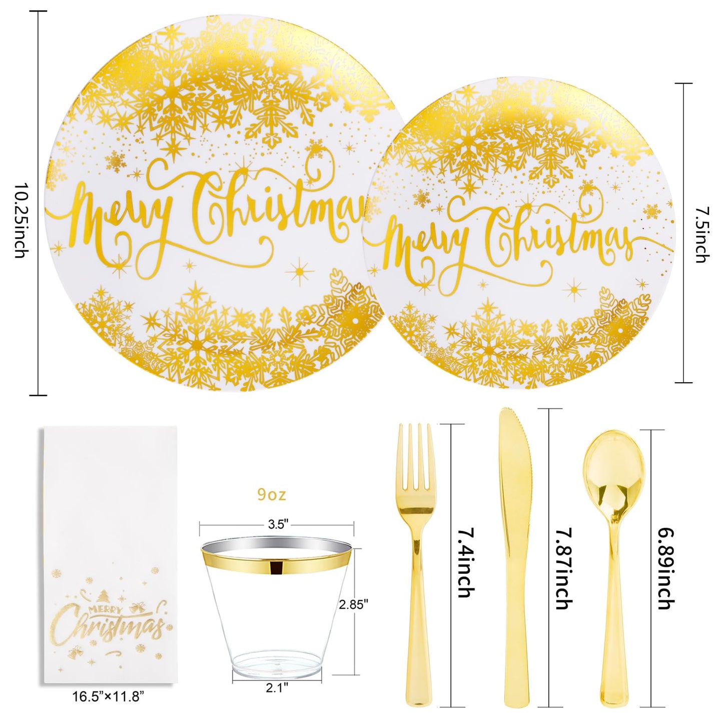 DaYammi 175Pcs Christmas Gold Plastic Dinnerware Set, 50Pcs Heavyduty Disposable Party Plates,Fancy Snowflake Design, 75Pcs Gold Plastic Cutlery,25Pcs 9oz Gold Cups,25Pcs Napkins Perfect for Christmas