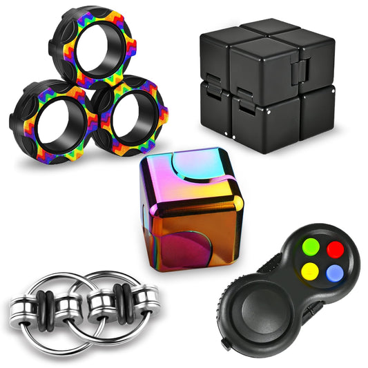 Dr.Kbder 5 Pcs Fidget Toys Adults Set, EDC Cool Desk Gadgets Office Spinner Toys for Teen Kid with Metal Fidgets Infinity Cube Figits Ring Bike Chain ADHD Stress Anxiety Relief Gift for Boys Girls