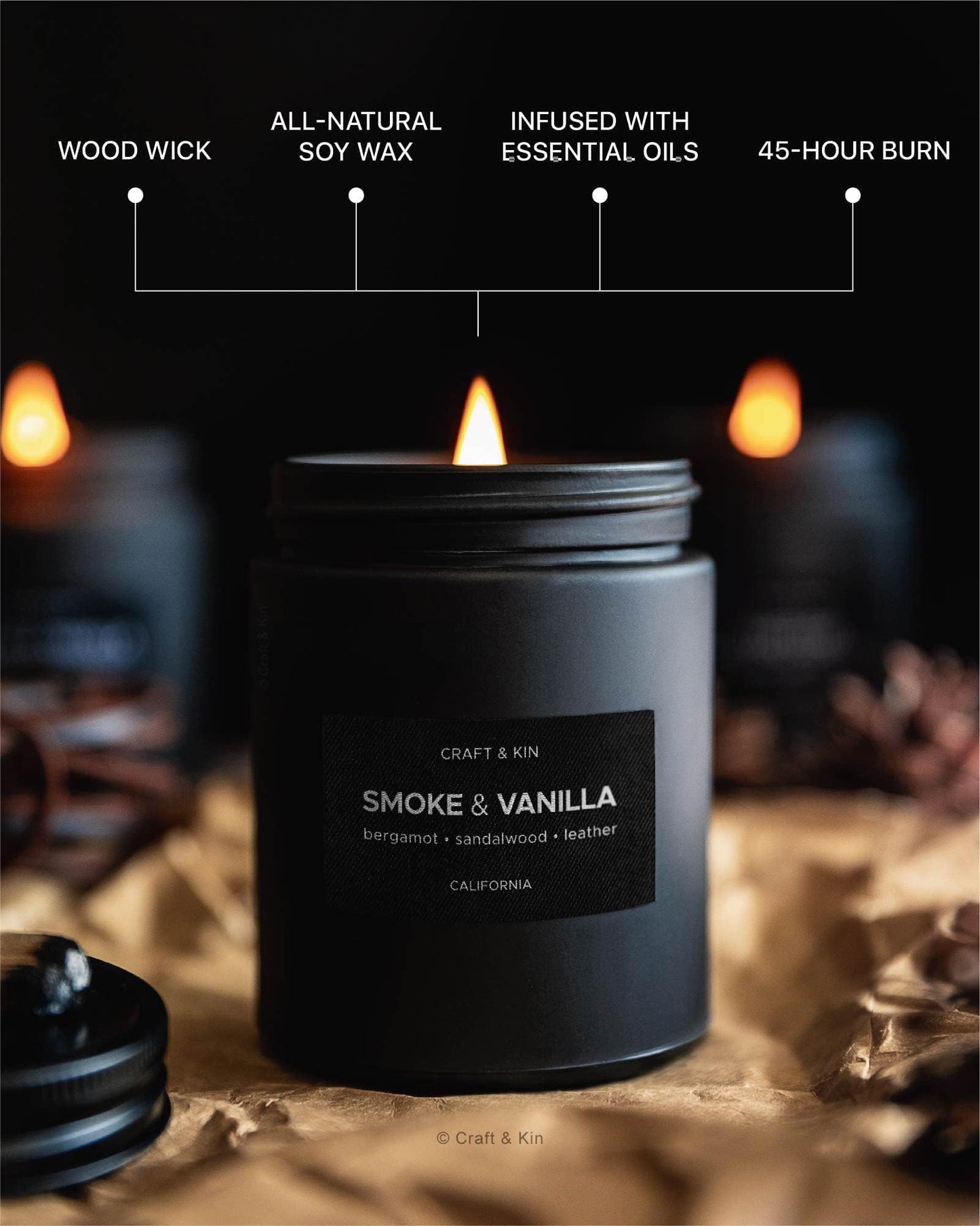 Craft & Kin Premium Smoke & Vanilla Candle | Black Scented Candles for Men | Long Lasting with 45 Hour Burn Time, 7.6oz | Made with Soy | Aromatherapy at Home | Gifts for Men