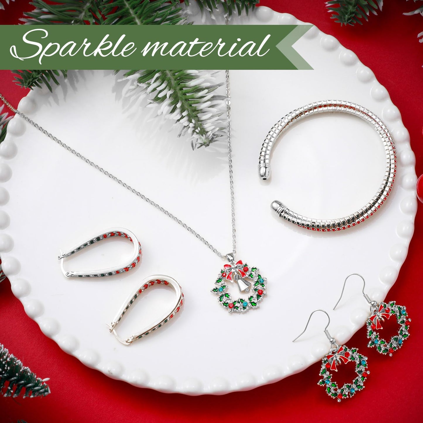 Sasylvia 4 Pieces Christmas Rhinestone Jewelry Set for Women Wreath Bell Dangle Necklace Cuff Bracelet Wreath Hoop Earrings (Silver)