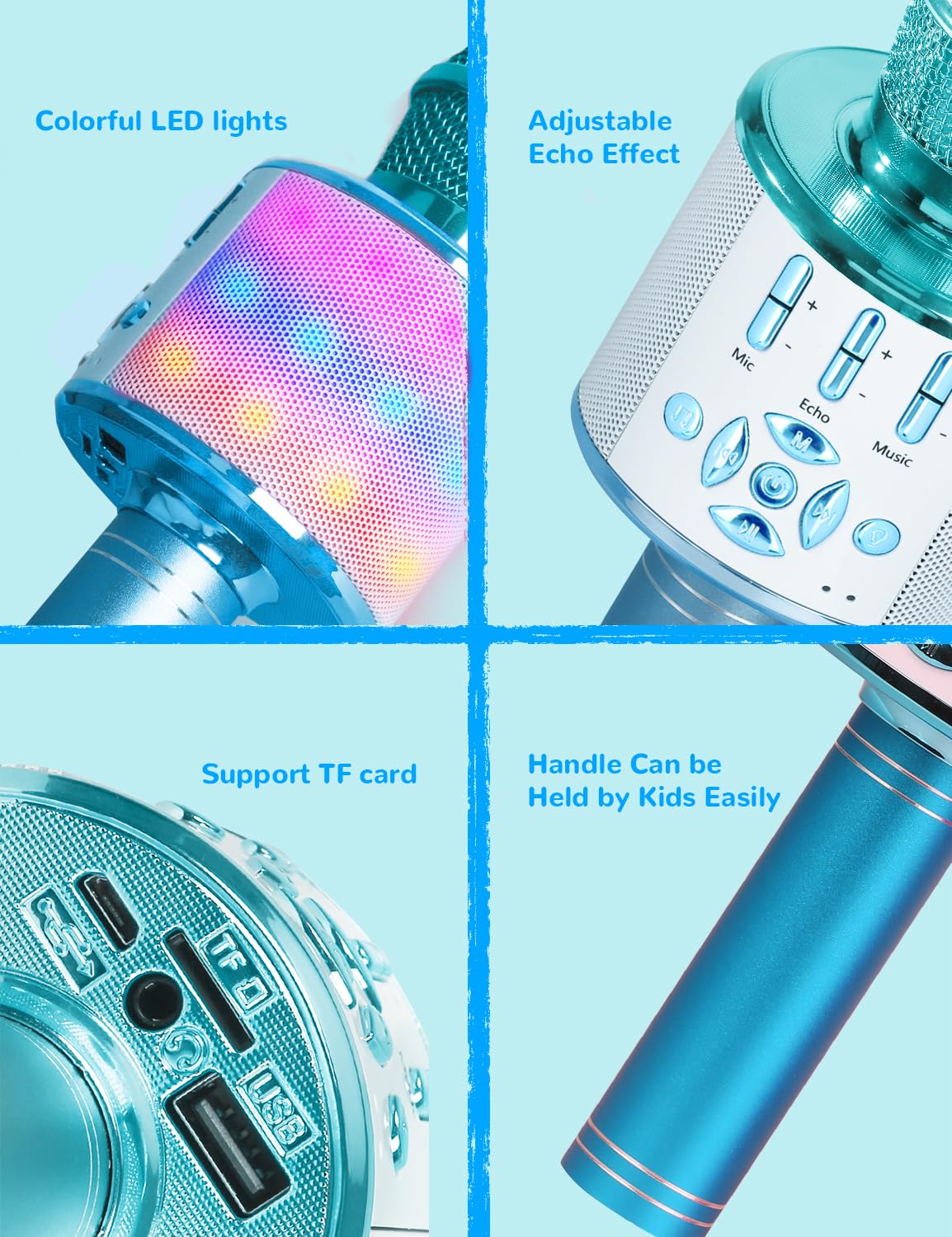 Amazmic Kids Karaoke Microphone Machine Toys for Girls Bluetooth Microphone with LED Light, Birthday Gift for Girls Boys 3 4 5 6 7 8 9 10 11 12 Year Old Kids Toys(Blue)