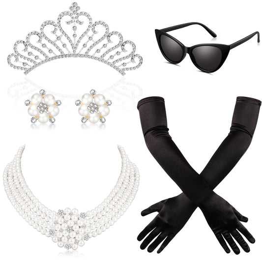 BBTO 6 Pieces Halloween 1920s Accessories for Women Halloween Costume Set Pearl Dangle Pendant Necklace Earrings(Elegant Style)