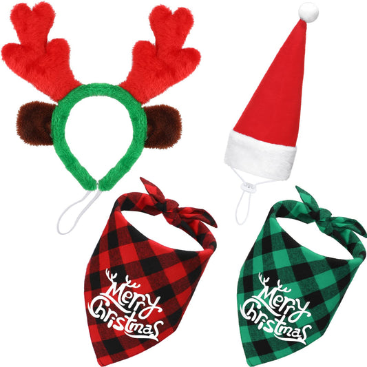 SATINIOR 4 Pcs Adjustable 3D Christmas Dog Santa Hat, Christmas Classic Buffalo Plaid Pets Scarf, Reindeer Antlers Headband with Ears Pet Costume Accessories for Dogs and Cats(Vivid Style)