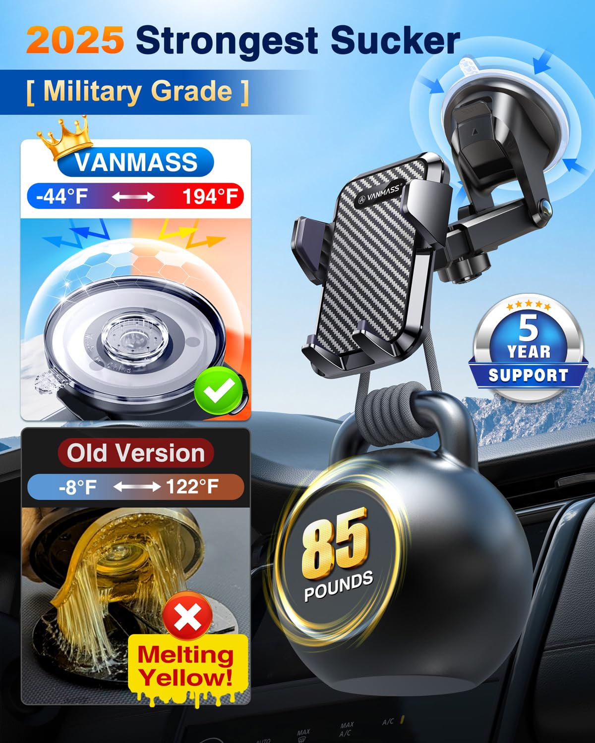 VANMASS ใ85+LBS Strongest Suction & Military-Grade 2025 Ultimate Car Phone MountใPatent & Safety Certsใ Cell Phone Holder Truck Desk for Dashboard Windshield Vent for iPhone 16 15 Pro Max 14 Samsung