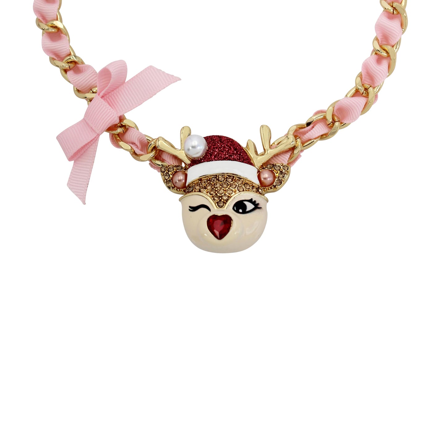 Betsey Johnson Womens Jingle Bell Bling Christmas Reindeer Pendant Necklace