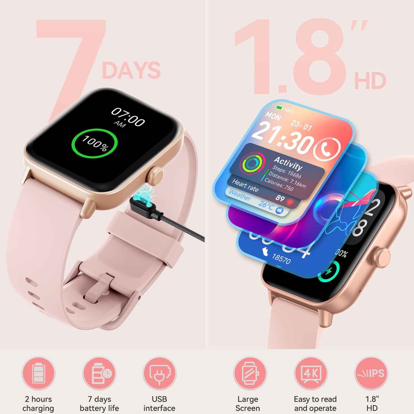 Smart Watches for Women, 1.8" HD Smart Watch (Answer/Make Call) for iPhone/Android, Alexa Bulit-in, Fitness Watch with Sleep/Health Monitor, Watches for Women with 110 Sport Mode, IP68 Waterproof 