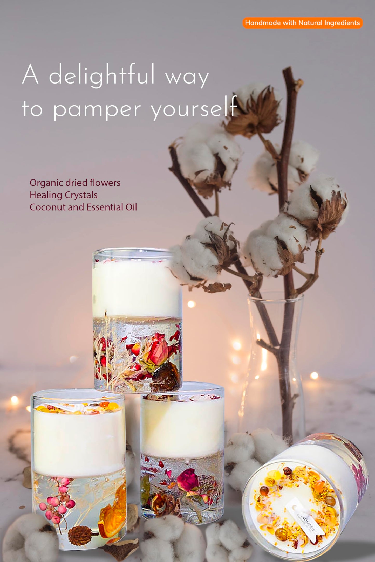 Crystal Candle Gift Set, Organic Natural Flowers in Yelly, Aromatherapy, Healing Gemstones, Botanical Scented Fragrance, Manifestation, Intention, Gel Candle, Christmas, Motherās Day, Gift for Woman