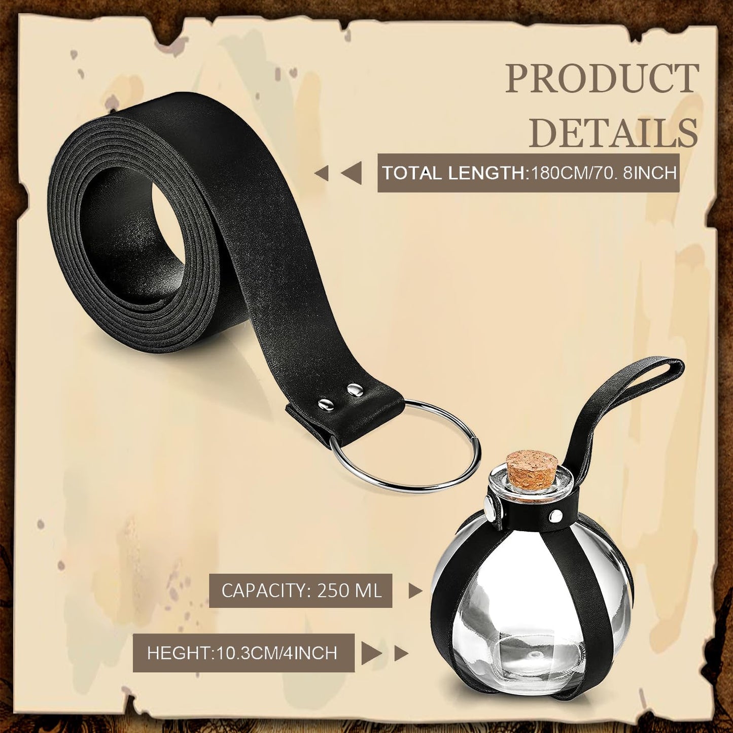 SUMGOGO 4 Pcs Halloween Renaissance Belt Pouch Witch Bottle Skirt Hikes Medieval Viking Pirate Leather Belt Costume Set (Black)