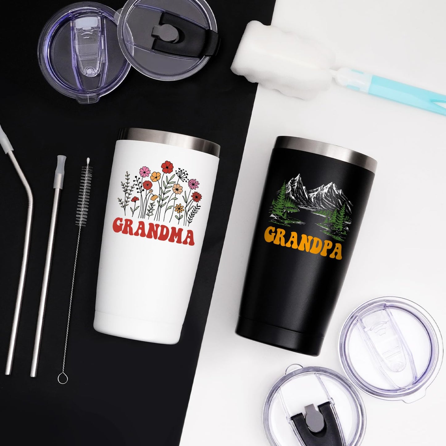 Qtencas Grandma and Grandpa Gifts, Grandparents Christmas Gifts, Grandpa and Grandma insulated Travel Tumbler Set, Gift for Grandparents on Christmas Birthday Anniversary, 20 Oz Black & White