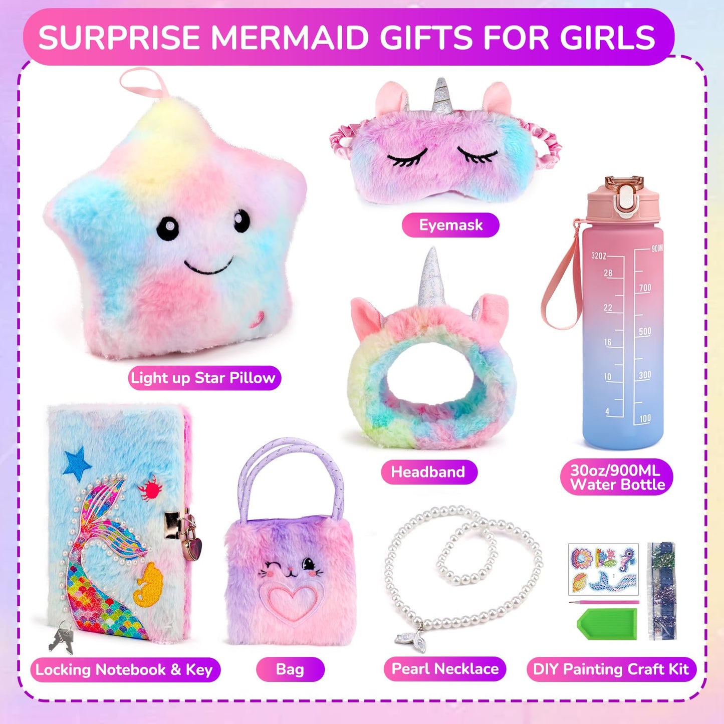 Gifts for Girls Age 4-6-8, Kids Mermaid & Unicorn Toy Set with Light Up Star Pillow, Diary, Headband, Sleep Mask, Surprise Girl Toys for 4 5 6 7 8 9 10 Year Old Girls Christmas Birthday Gifts Ideas