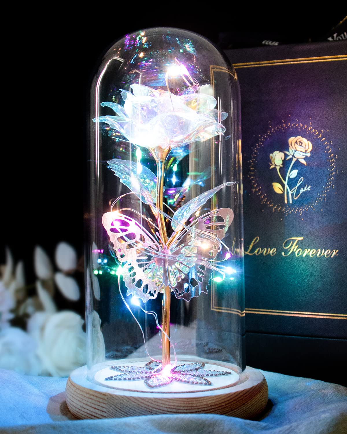 Birthday Gifts for Women Mom Galaxy Glass Rose Forever Preserved Flowers for Delivery Prime Artificial Eternal Rose in Glass Dome Mothers Day Moms Gift for Grandma Wife Daughter, Rainbow