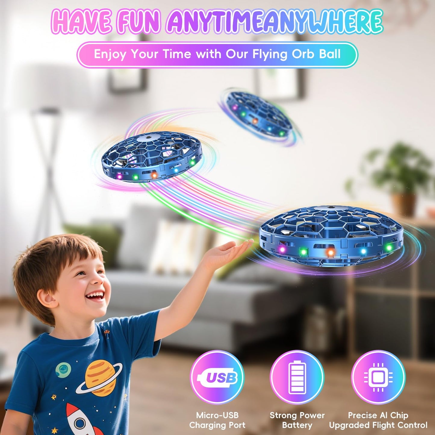 PYMSRTY Flying Toy Drone for Kids,360° Hands Free Motion Sensors Mini Drone with Cool LED Lights,Easy Indoor Small UFO Toy Flying Ball Drone for Kids -Blue