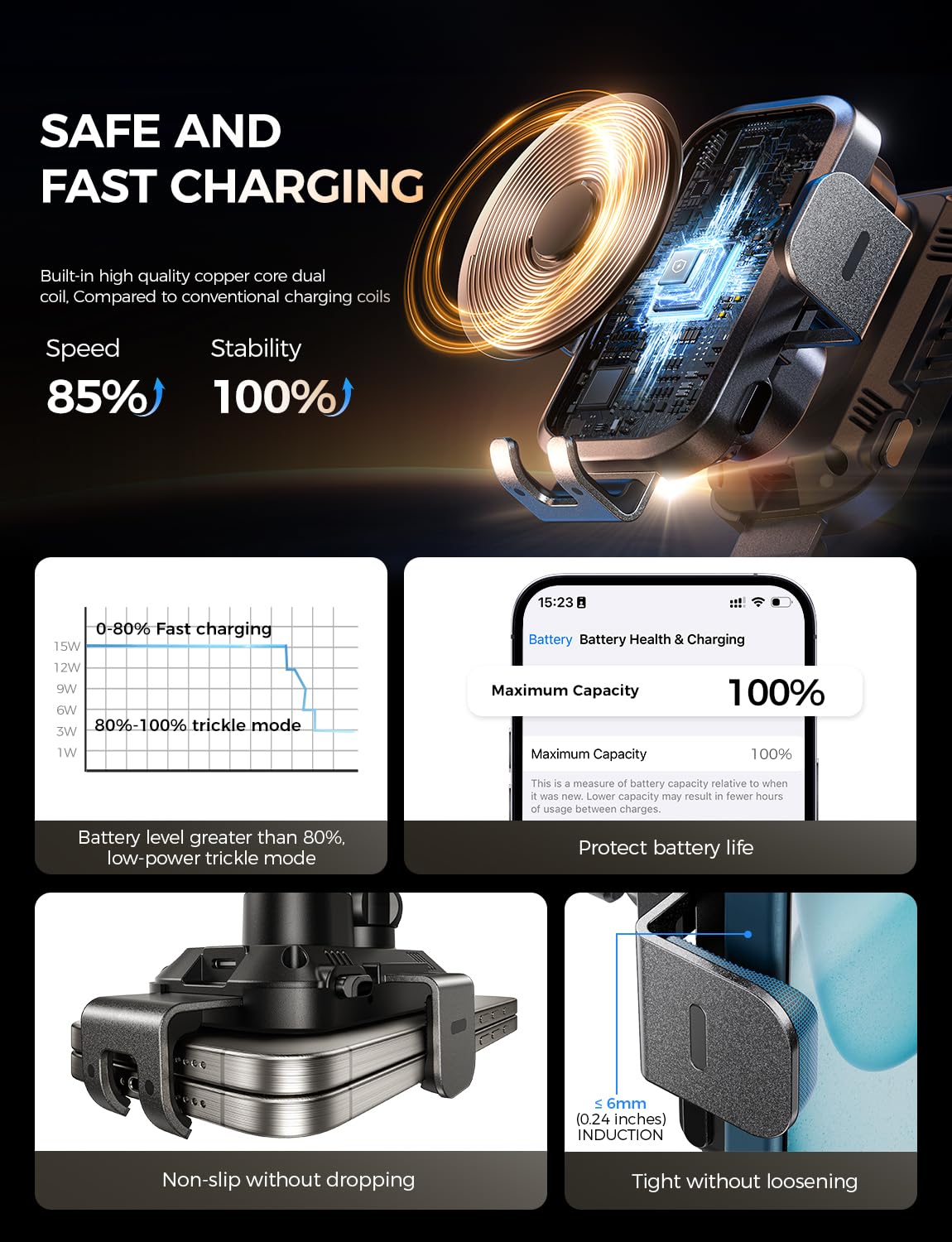 CHGeek Wireless Car Charger with Phone Holder Mount, 15W Fast Charging Auto Clamping Phone Holders for You Car Windshield Dashboard Air Vent Accessories for iPhone, Samsung Galaxy, Google, etc