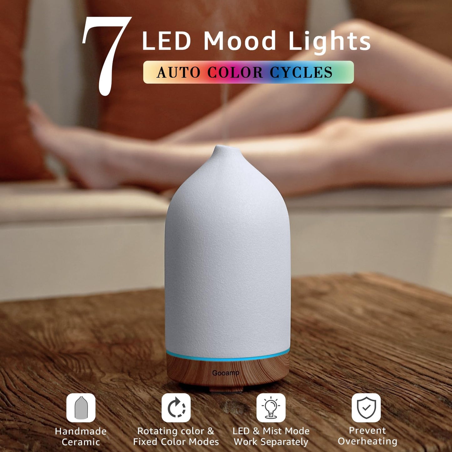 Gooamp 200ML Ceramic Essential Oil Diffuser - Ultrasonic Aromatherapy & Humidifier with 7-Color LED Lights, Auto Shut-Off, Wood Grain Base, 1H/3H/6H Timer | Scent for Home, Office, Yoga