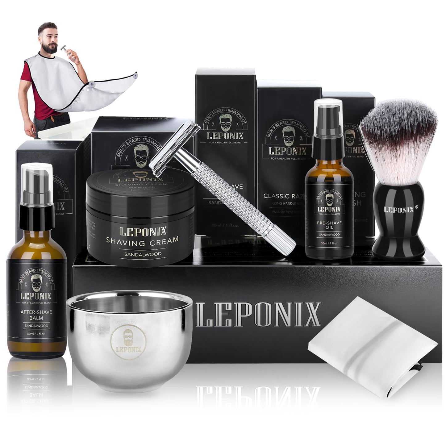 Shaving Kit for Men, Include Safety Razor, Sandalwood Cream, Aftershave, Pre Shave Oil, Shaving Brush and Bowl, Shaving Apron Bib -Unique Gifts for Him Stocking Stuffers