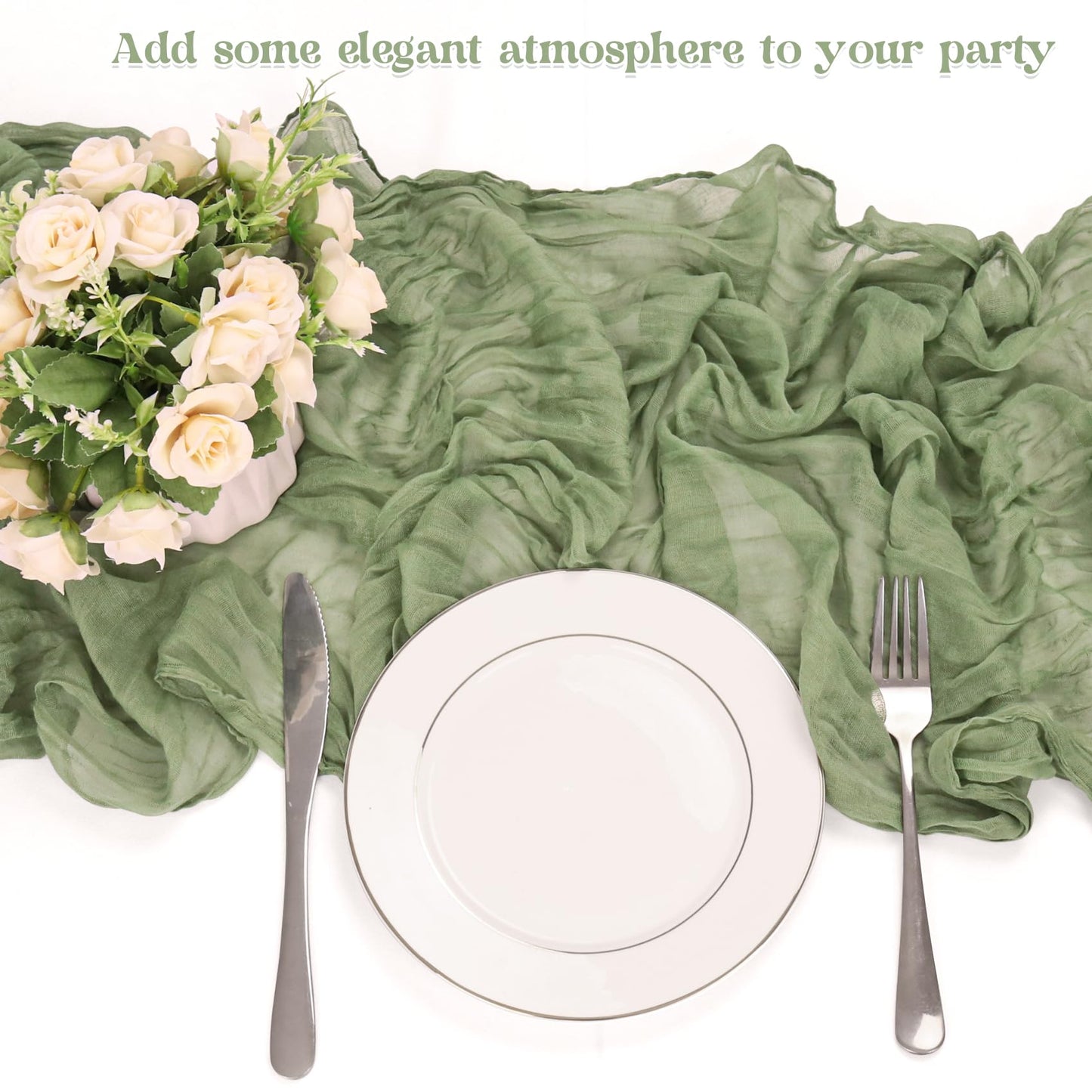 10 Pack Sage Green Cheesecloth Table Runner 10FT Boho Gauze Fabric Table Runner Vintage Rustic Sheer Runners for Wedding Party Bridal Baby Shower Long Table Decorations