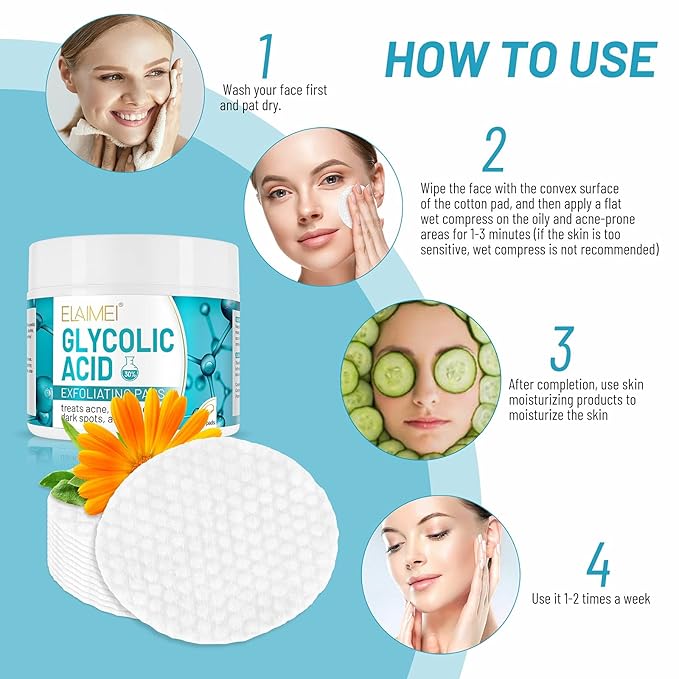 30% Glycolic Acid Pads Wipes for Skin Care Exfoliating Cleansing, Face Pore Cleaner Minimizer Acne Treatment, Chemical Peel Solution for Dark Spots, Breakouts, Scars, Reduce Wrinkle Fine Line, 50 Pads