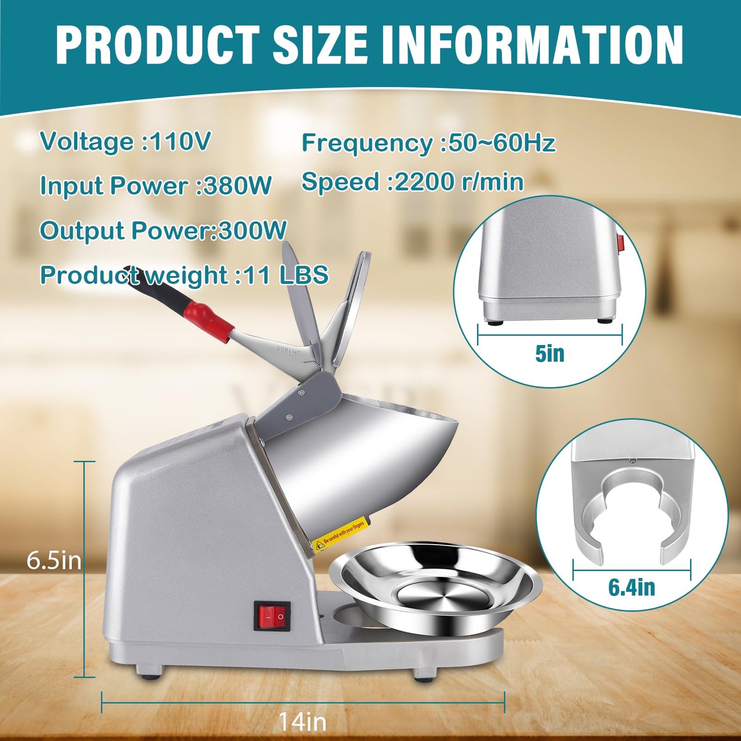 Snow Cone Maker Electric Shaved Ice Machine Stainless Steel - Ice Crusher Ice Shaver, 300W 2000r/min w/Stainless Steel Blade, 110V Ice Crushers Machine for Home and Commercial Use