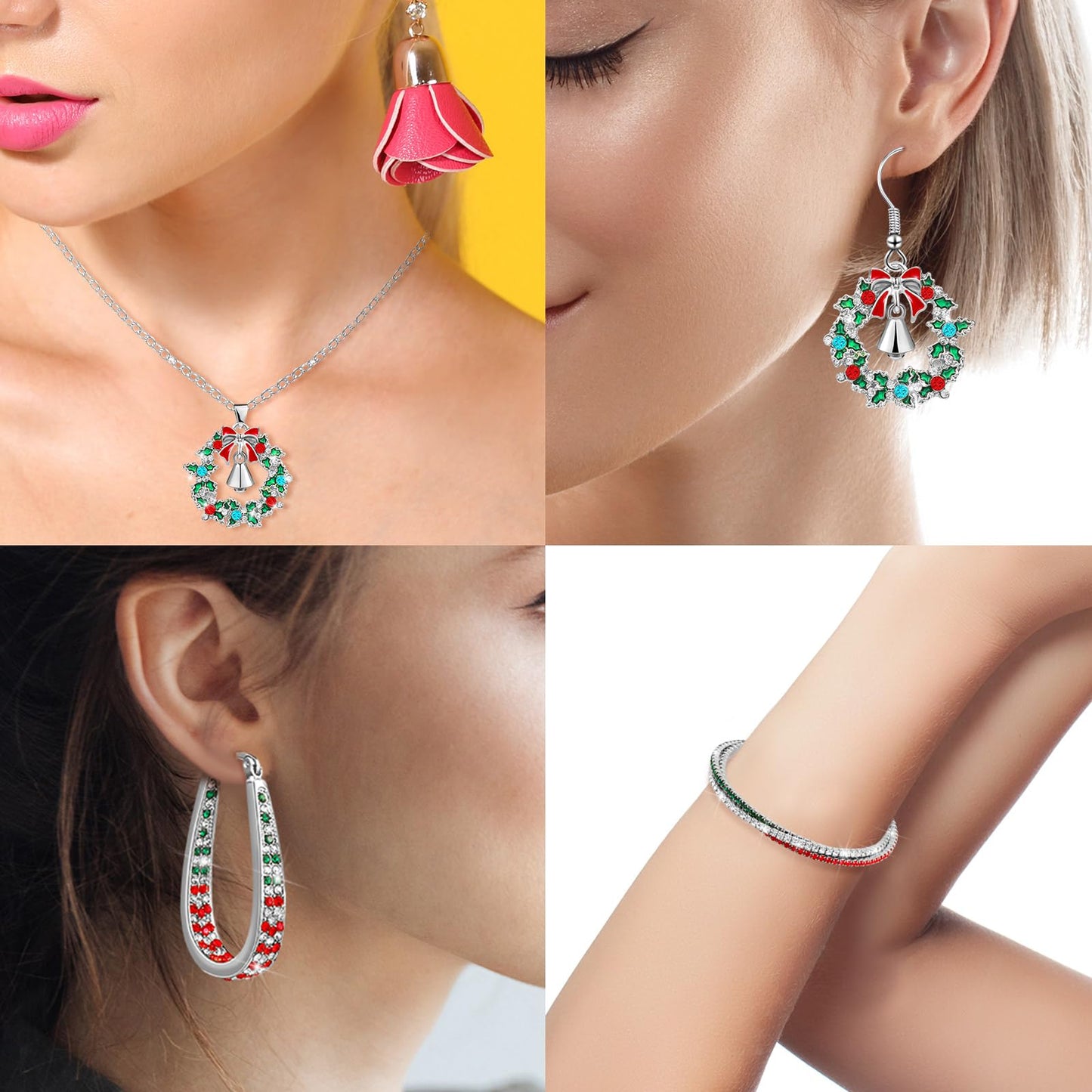 Sasylvia 4 Pieces Christmas Rhinestone Jewelry Set for Women Wreath Bell Dangle Necklace Cuff Bracelet Wreath Hoop Earrings (Silver)