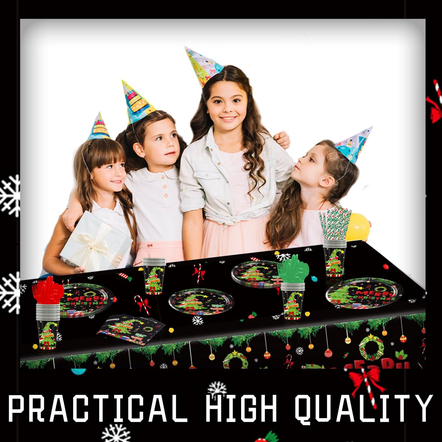 Christmas Novelty Party Tableware Set - Serves 25 Holiday Party Supplies, Disposable Plates, Tablecloth, Cups, Forks, Spoons, Knife, Napkins Dinnerware Utensils for Black Winter New Year Party