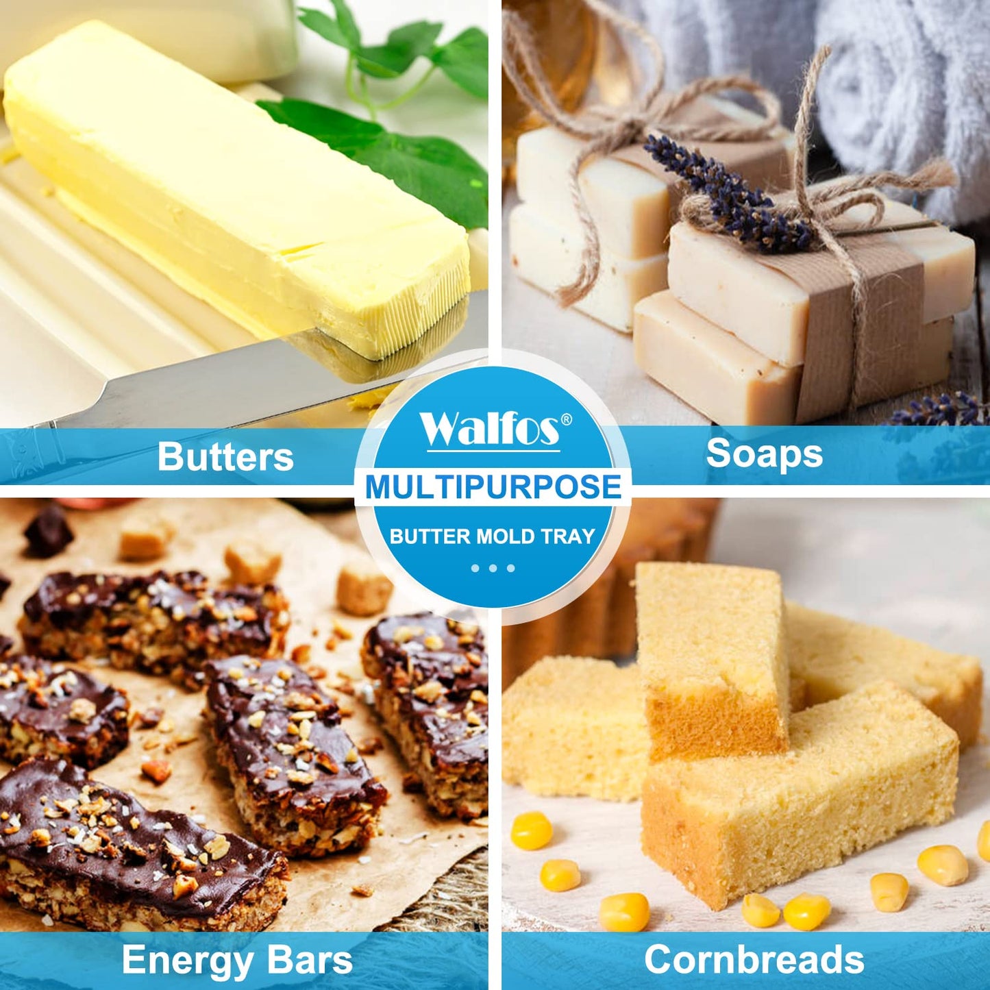 Silicone Butter Mold with Lid, Walfos Non-Stick Tray Fits Standard Butter Stick Size, Large Cavity, Holds 8 Tablespoons, Ideal For Soap Bar, Energy Bar, Cake, 2 Pack