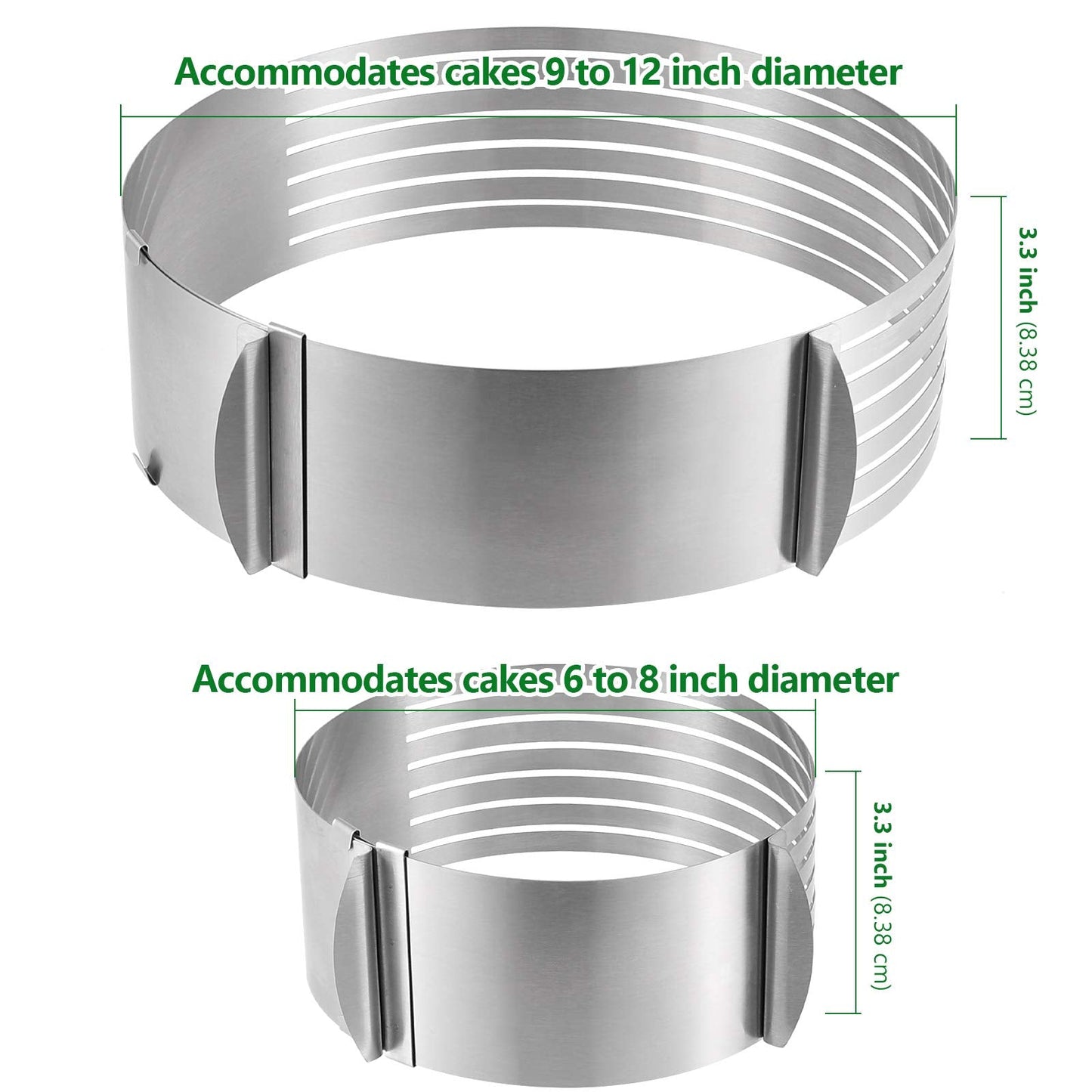 HAKZEON 2 Pack Cake Ring Set, Adjustable Stainless Steel Mousse Cake Rings, Round Molds Cookie Cutter Leveler 7 Layer 6-12 inch for Kitchen Restaurant Mousse DIY