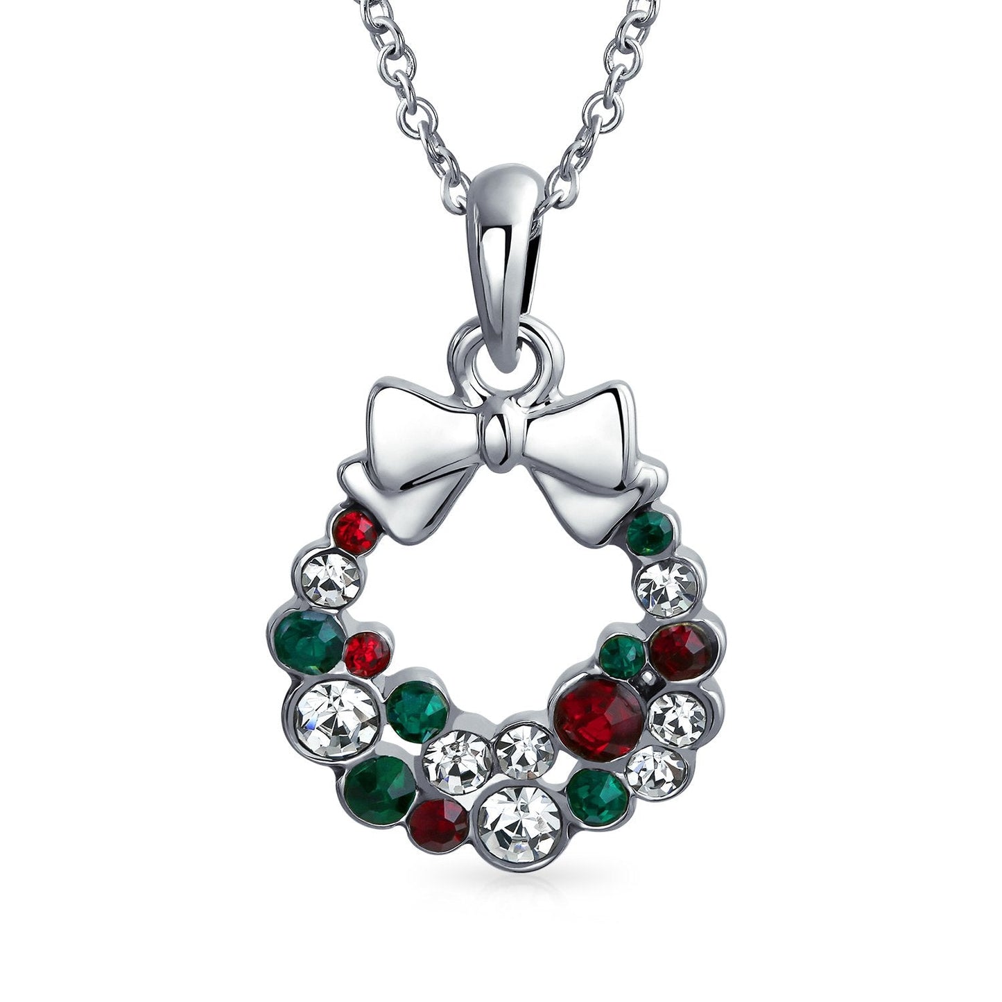 Bling Jewelry Fashion Sparkling Christmas Bow Red Green White Crystal Holiday Wreath Pendant Necklace For Women Teen Crystal Silver Plated