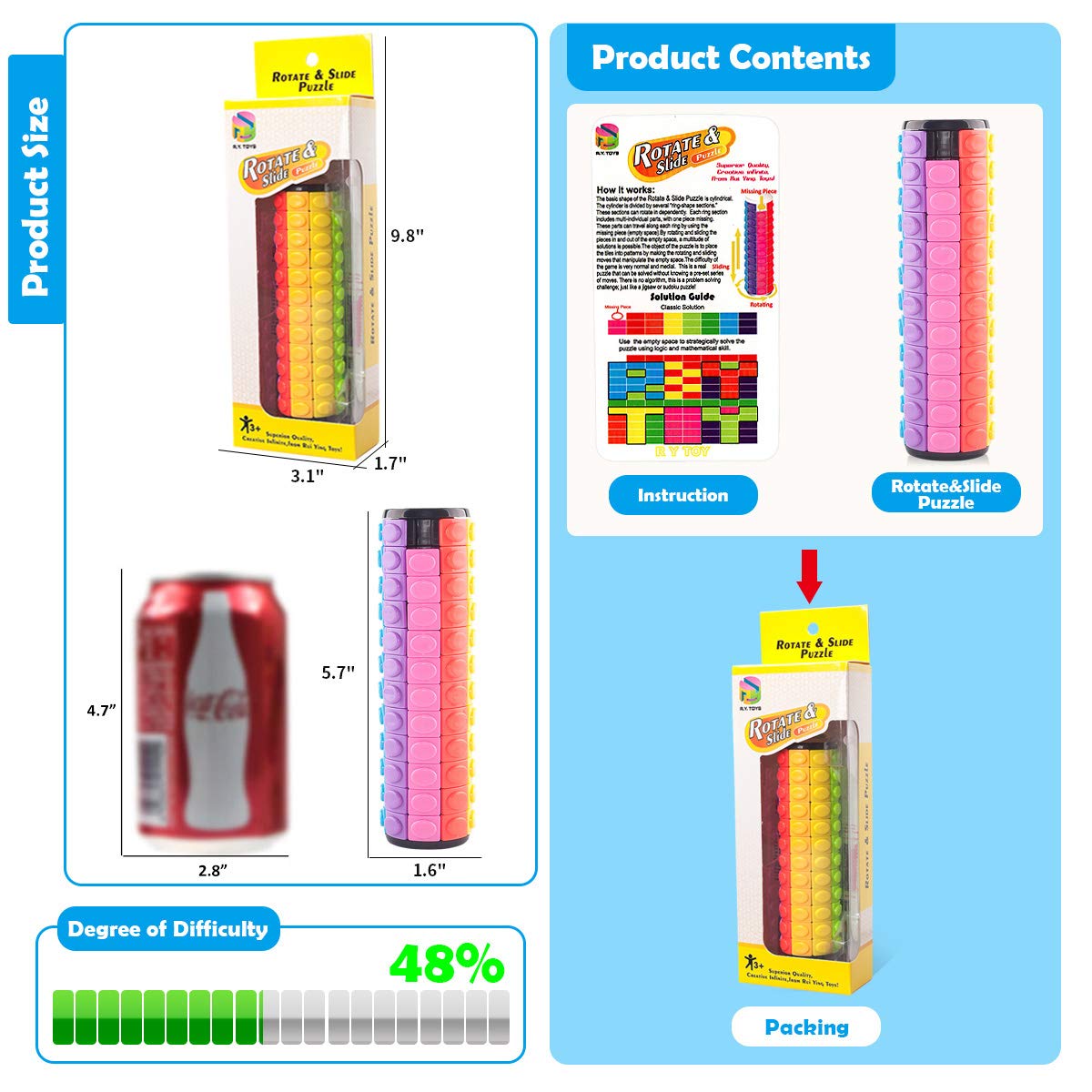 R.Y.TOYS Rotate and Slide Puzzle-Design Patent,Fidget Toys(Restore/Create) 8 Colors,12 Layers-Detach Piece for Quick Play,Brain Teaser,Sensory Toys,Stocking Stuffers,Easter Basket Stuffers Essentials