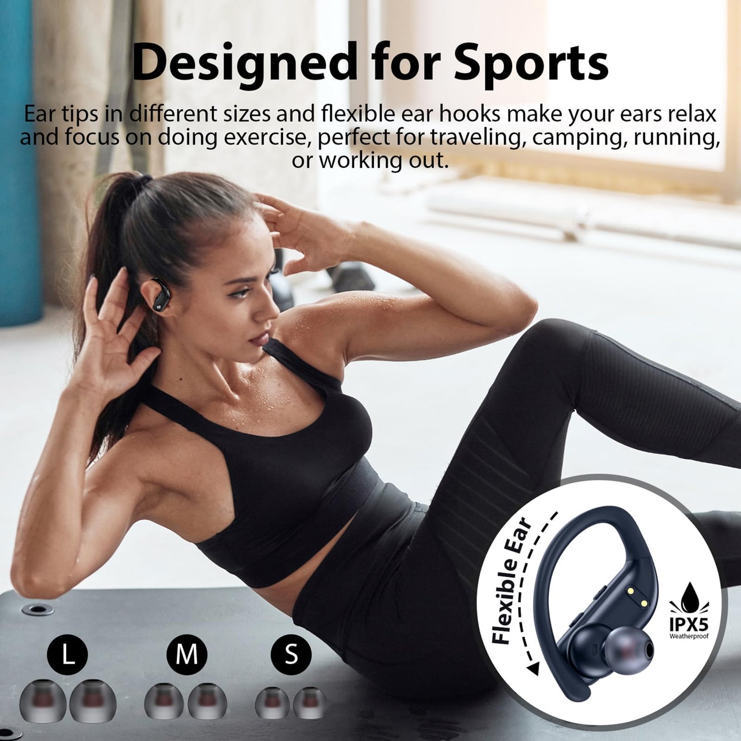 bmanl Wireless Earbuds Bluetooth Headphones 48hrs Play Back Sport Earphones with LED Display Over-Ear Buds with Earhooks Built-in Mic Headset for Workout Black
